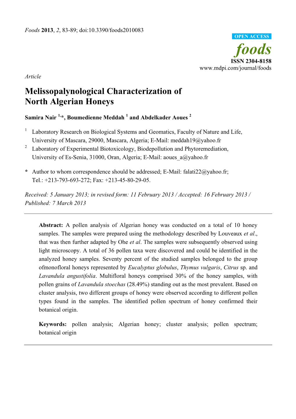 Melissopalynological Characterization of North Algerian Honeys