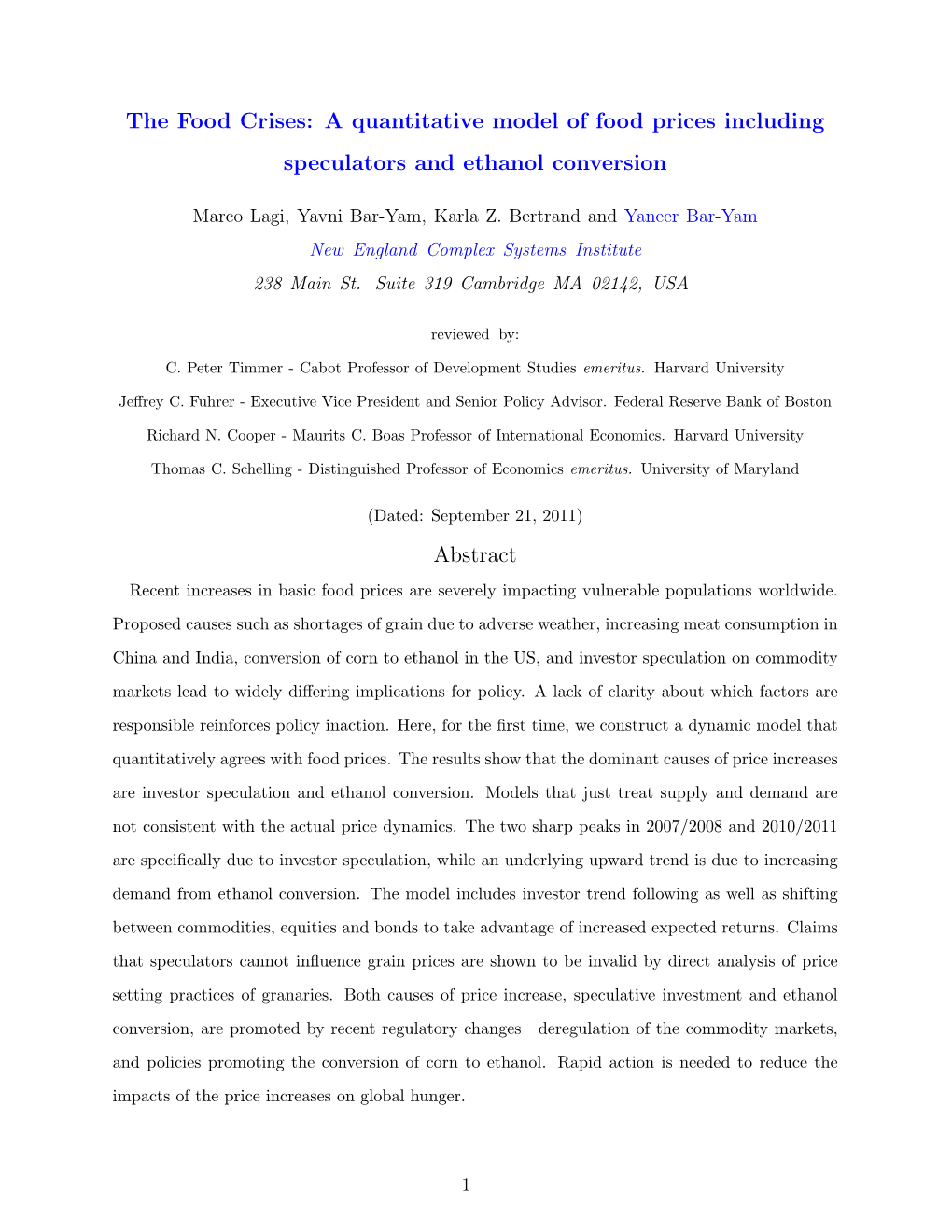 A Quantitative Model of Food Prices Including Speculators and Ethanol Conversion