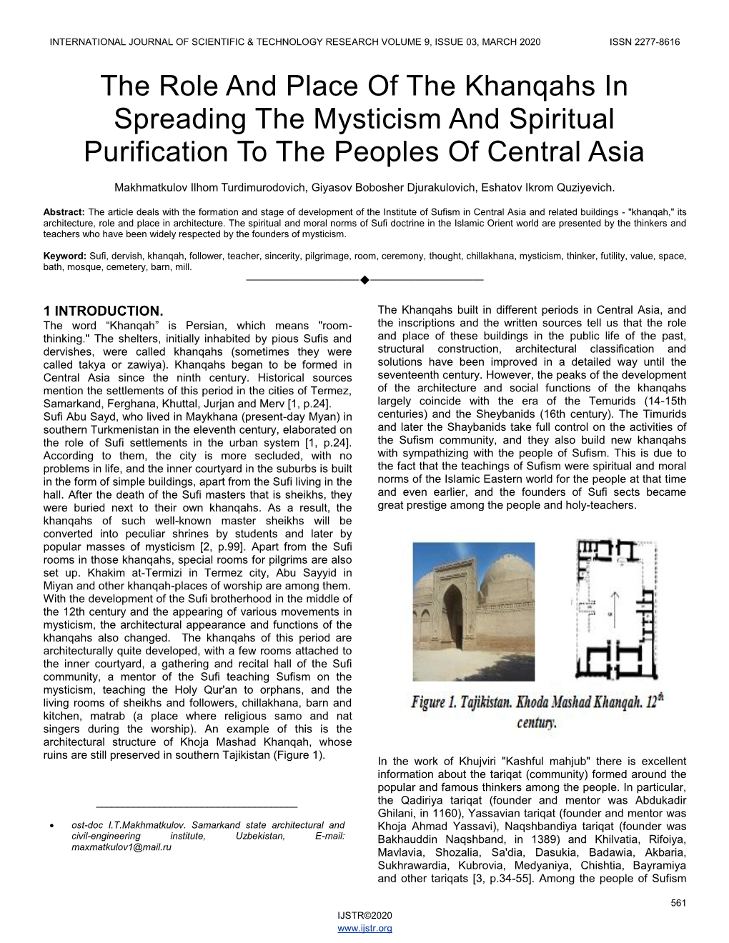 The Role and Place of the Khanqahs in Spreading the Mysticism and Spiritual Purification to the Peoples of Central Asia