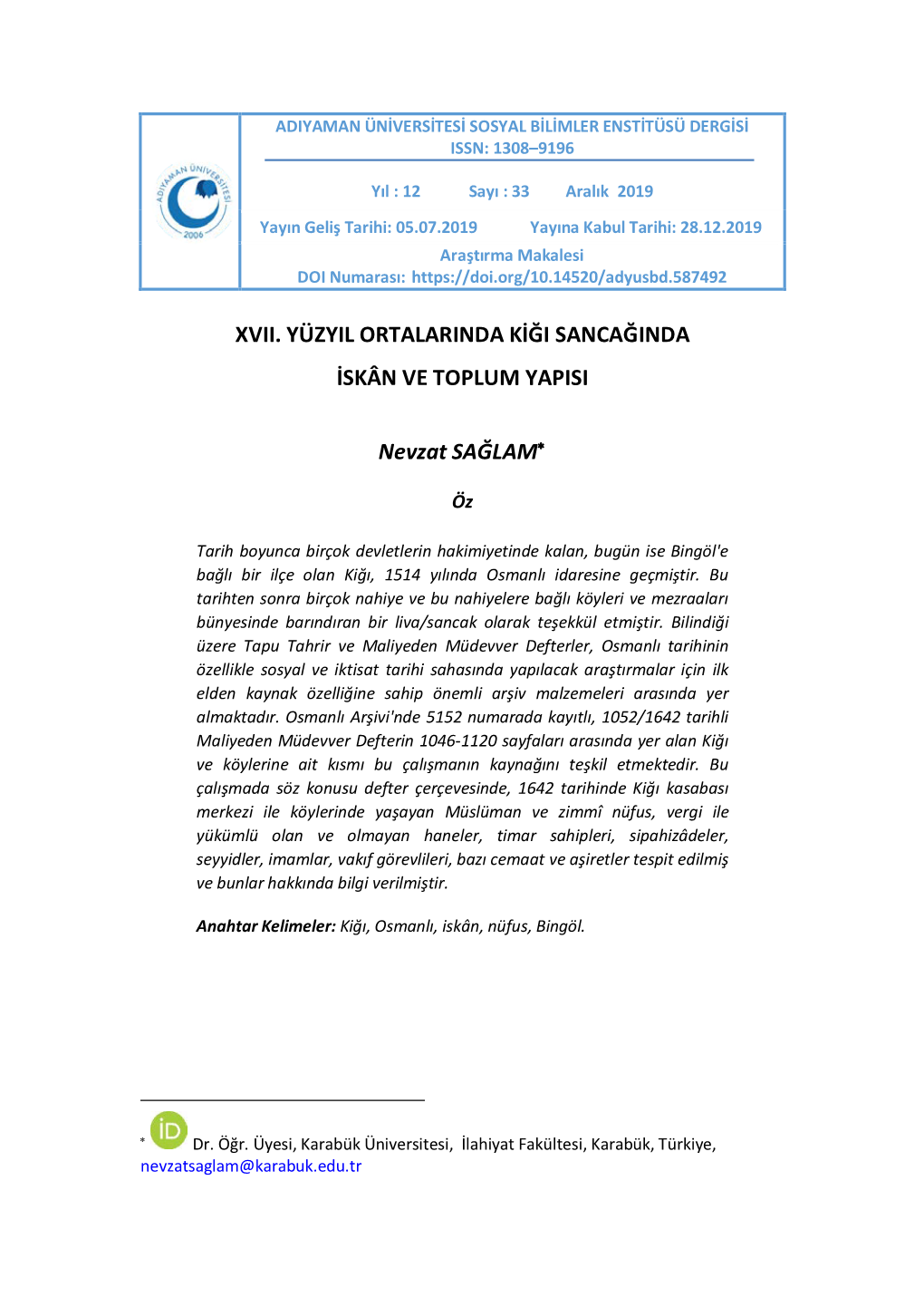 XVII. Yüzyıl Ortalarında Kiğı Sancağında İskân Ve Toplum Yapısı 591