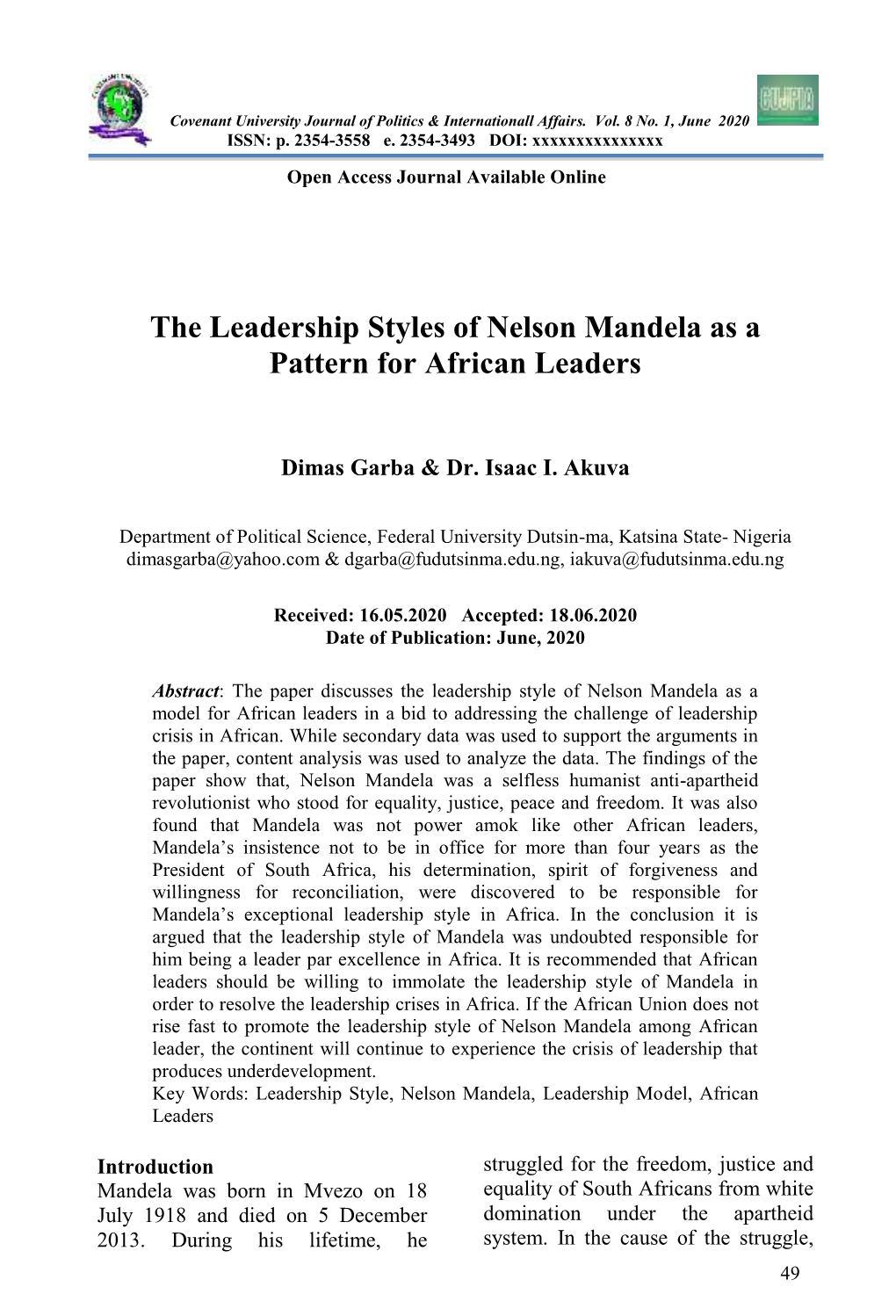 The Leadership Styles of Nelson Mandela As a Pattern for African Leaders
