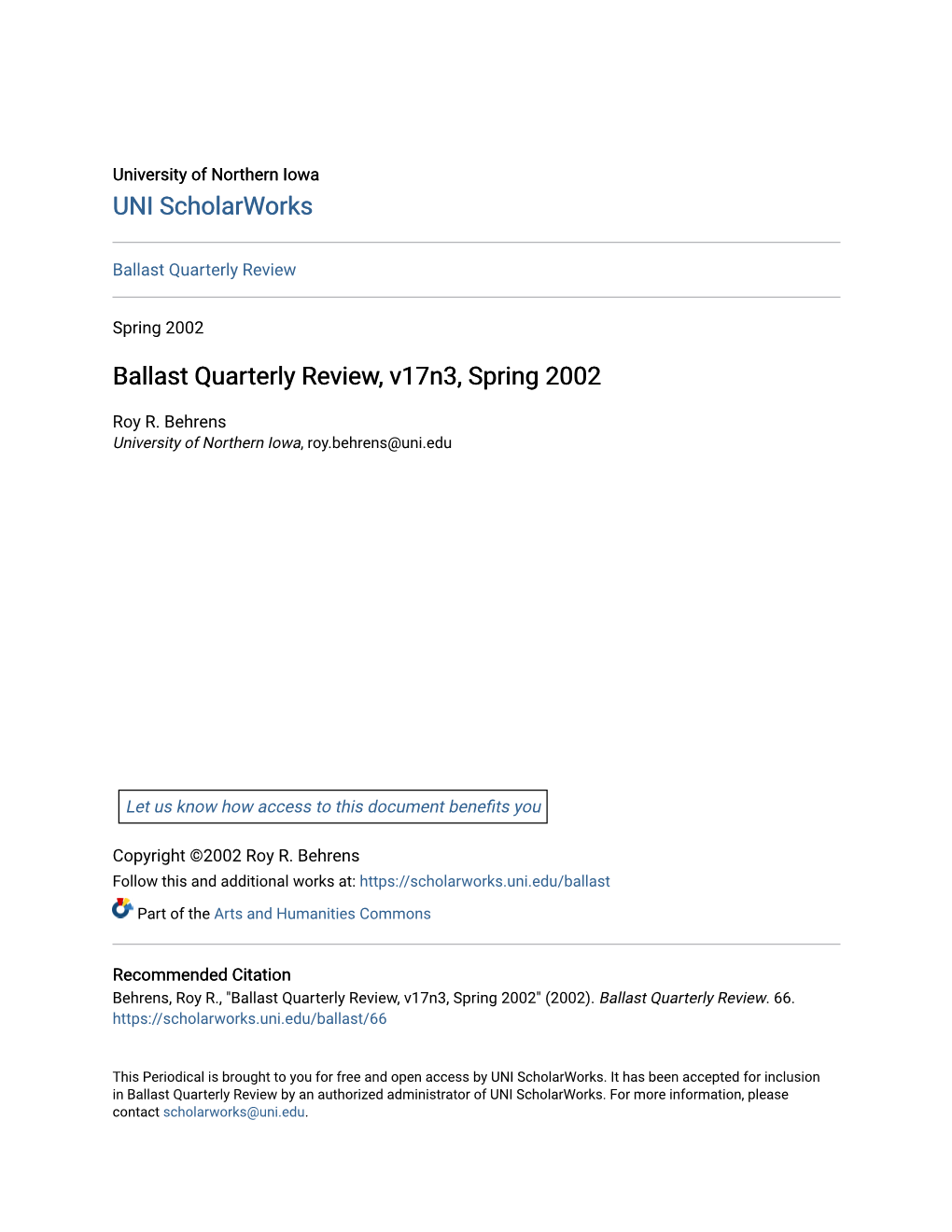 Ballast Quarterly Review, V17n3, Spring 2002