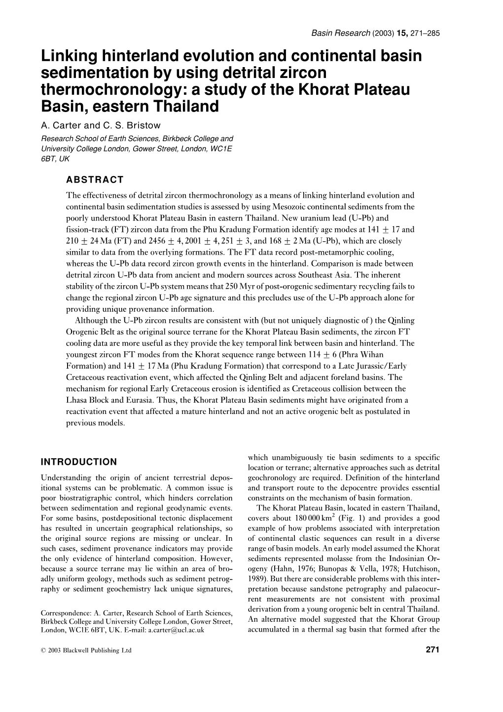 Linking Hinterland Evolution and Continental Basin Sedimentation by Using Detrital Zircon Thermochronology: a Study of the Khorat Plateau Basin, Eastern Thailand A