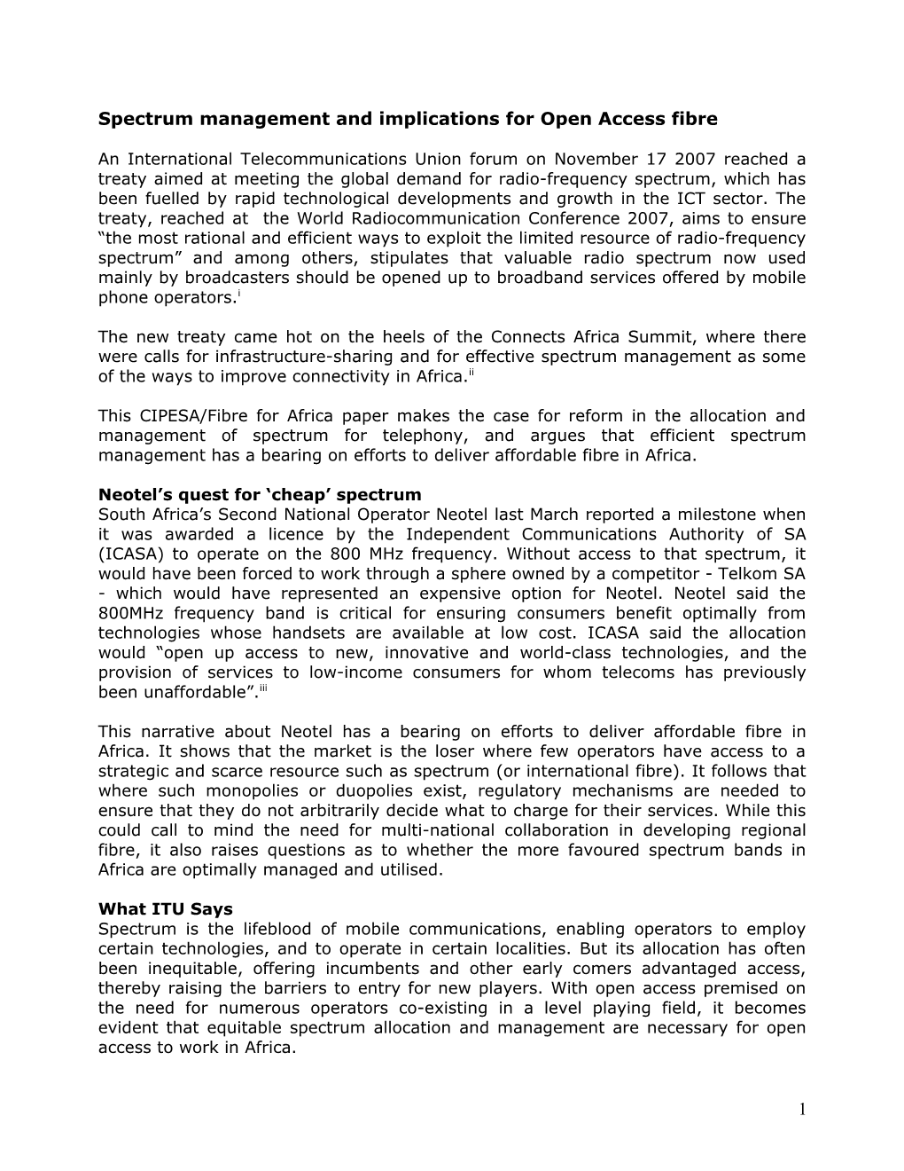 Spectrum Management and Implications for Open Access Fibre