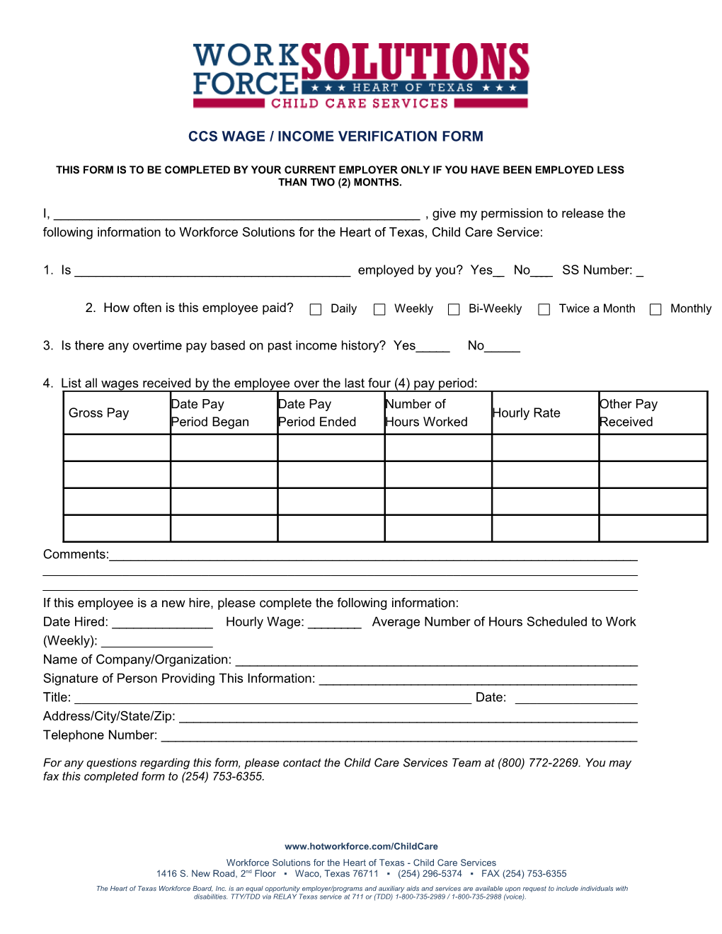 Ccs Wage / Income Verification Form