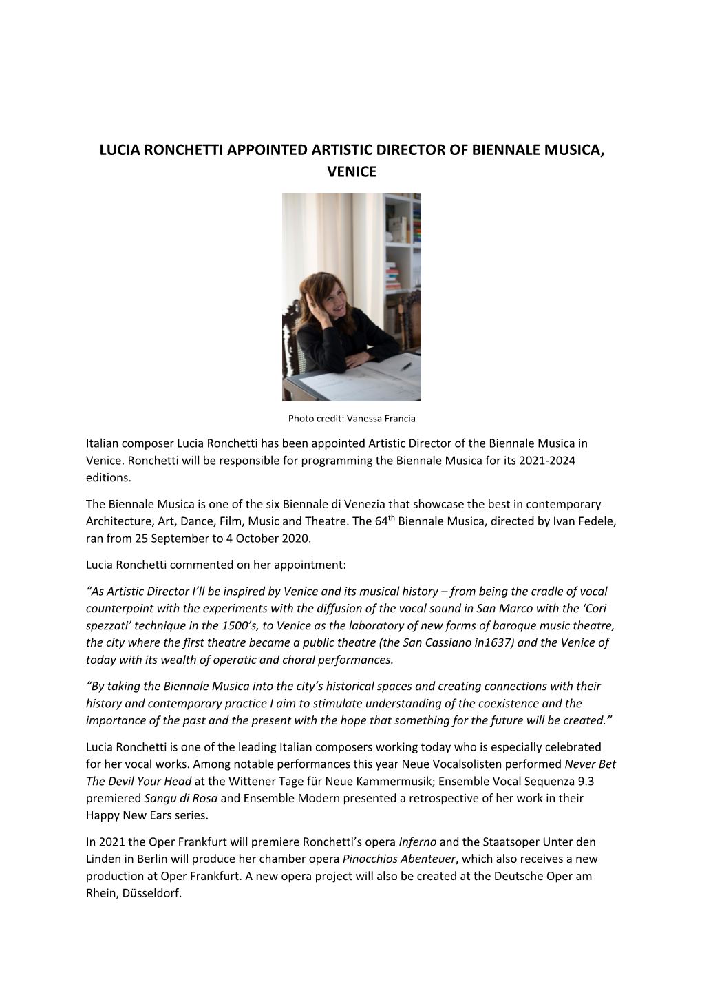 Lucia Ronchetti Appointed Artistic Director of Biennale Musica, Venice