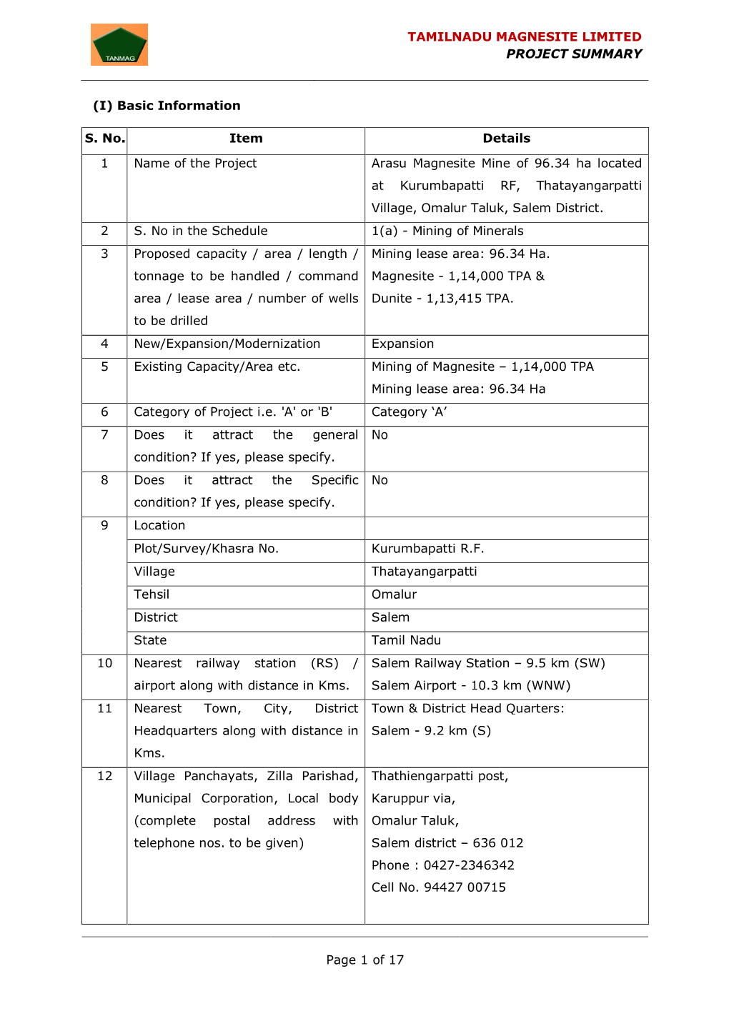 Tamilnadu Magnesite Limited Project Summary