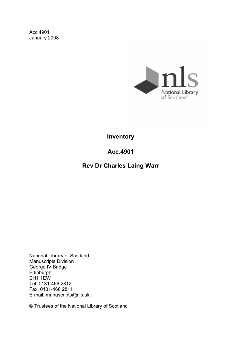 Inventory Acc.4901 Rev Dr Charles Laing Warr