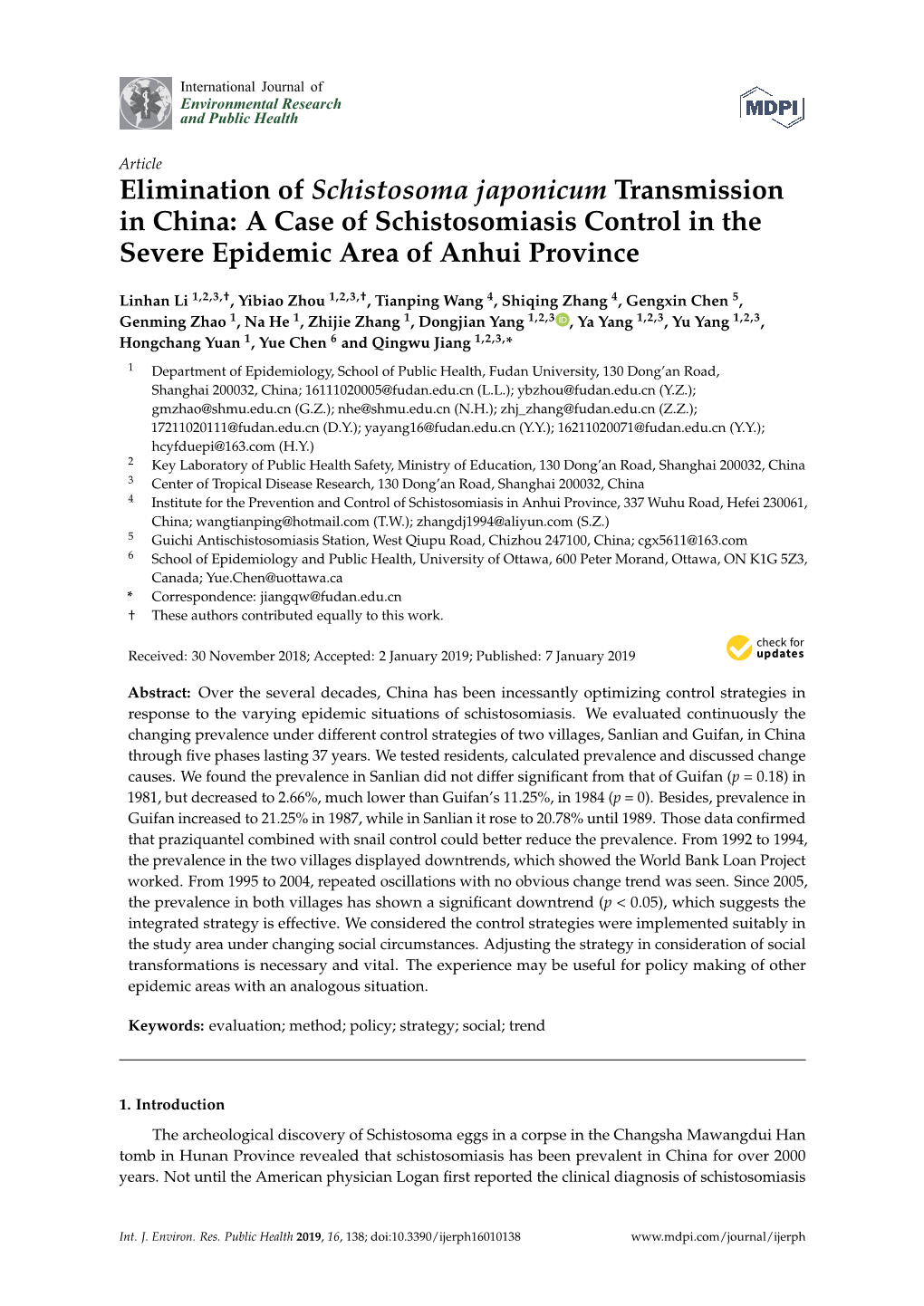 Elimination of Schistosoma Japonicum Transmission in China: a Case of Schistosomiasis Control in the Severe Epidemic Area of Anhui Province