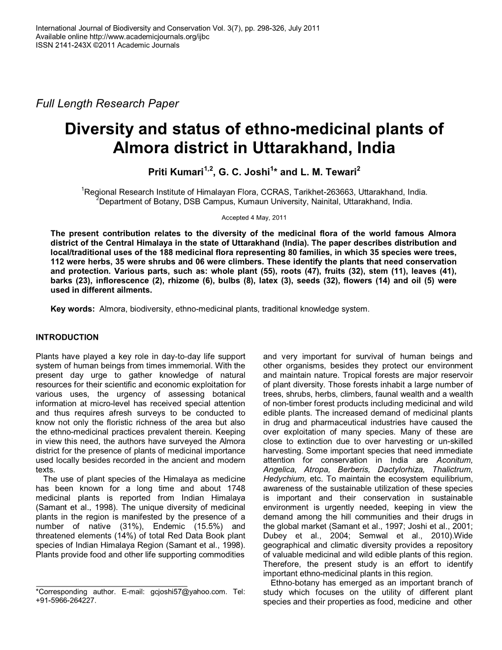 Diversity and Status of Ethno-Medicinal Plants of Almora District in Uttarakhand, India