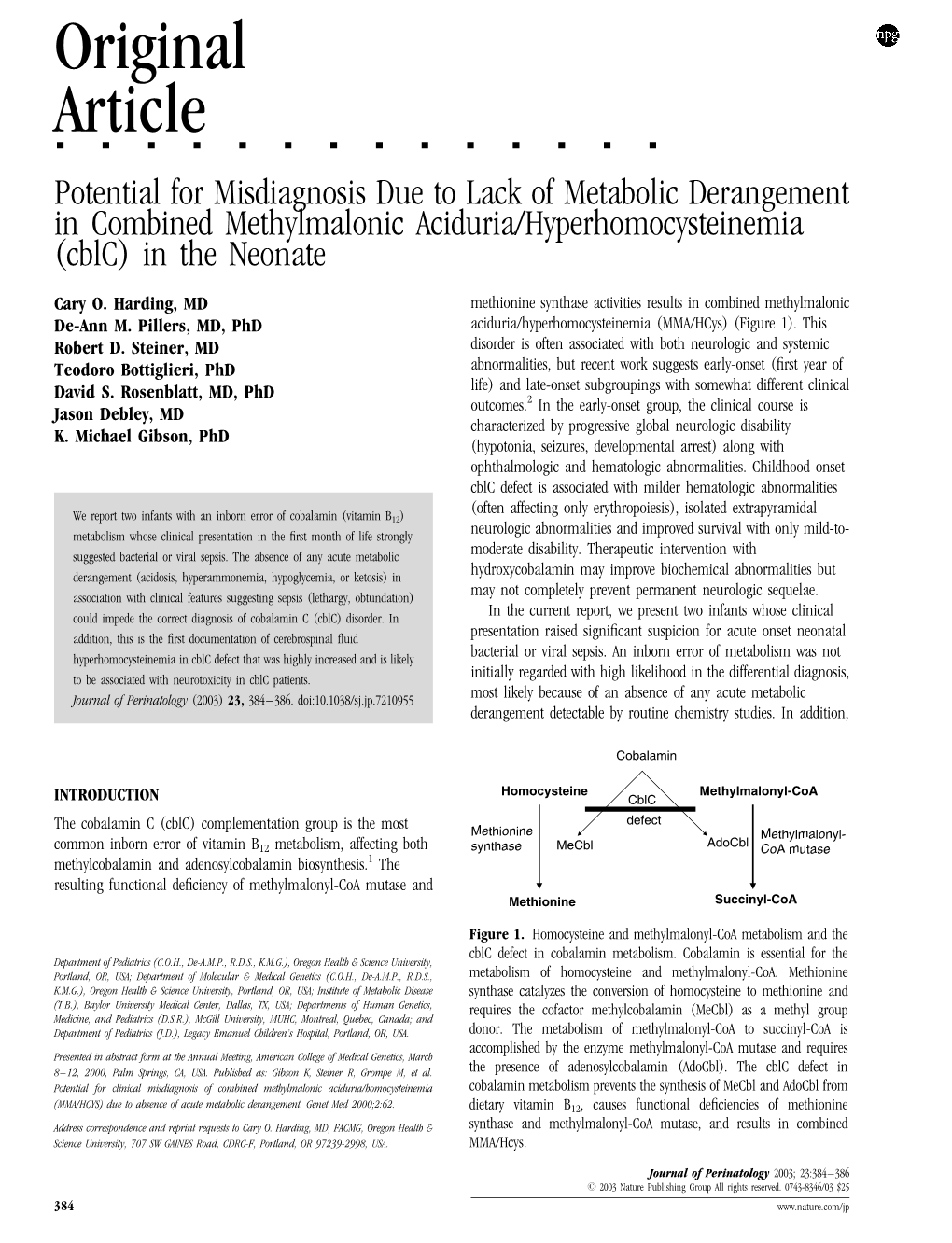 Potential for Misdiagnosis Due to Lack of Metabolic Derangement in Combined Methylmalonic Aciduria/Hyperhomocysteinemia (Cblc) in the Neonate