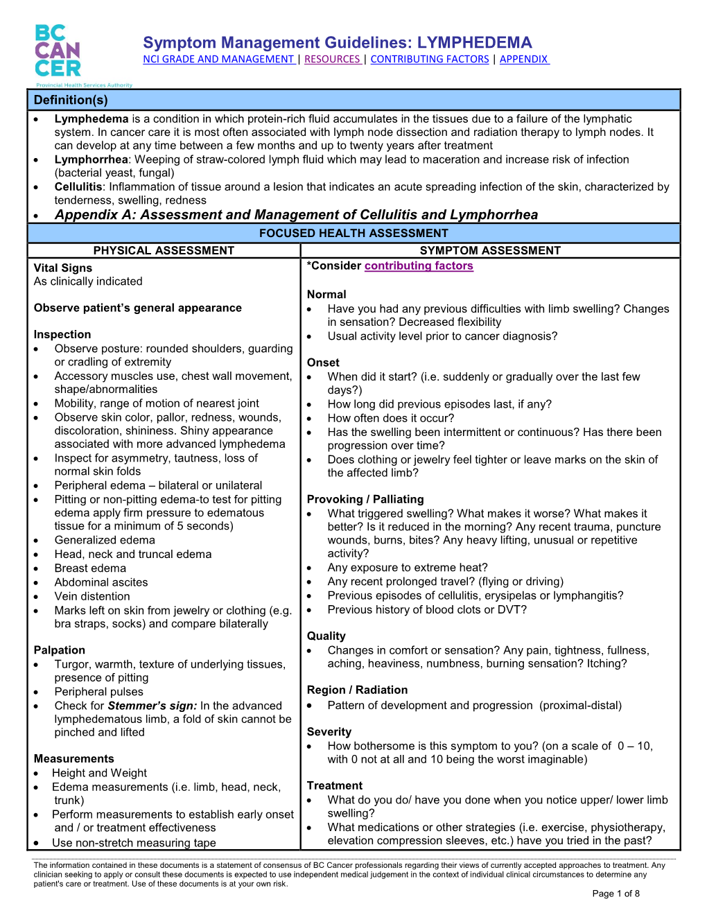 Symptom Management Guidelines: LYMPHEDEMA NCI GRADE and MANAGEMENT | RESOURCES | CONTRIBUTING FACTORS | APPENDIX
