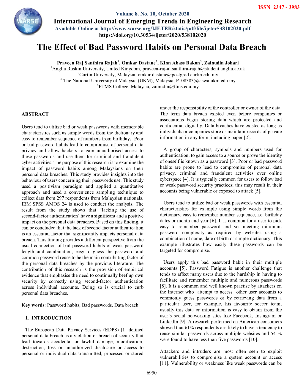 The Effect of Bad Password Habits on Personal Data Breach