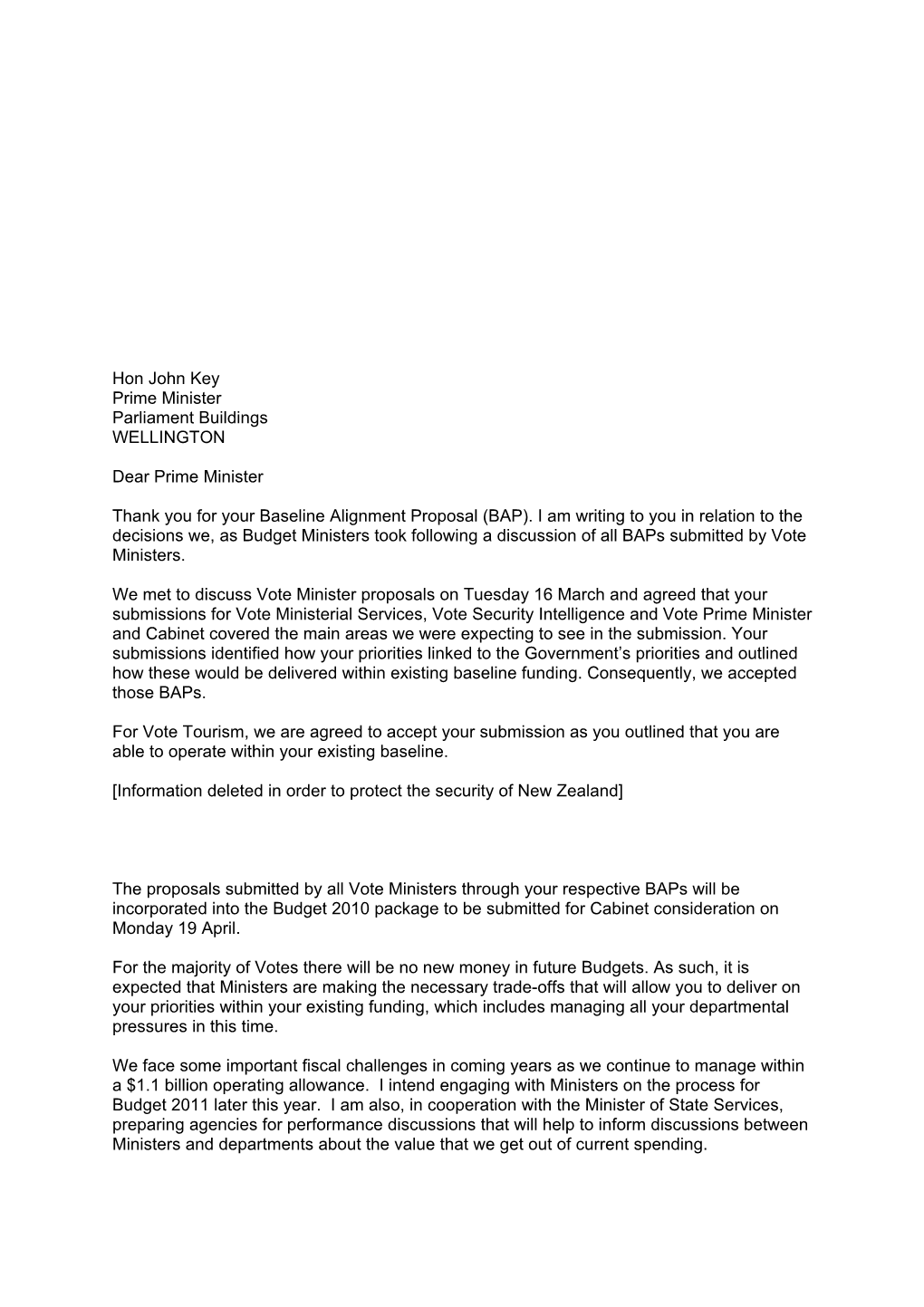 Letter from the Minister of Finance to Hon John Key Outlining Baseline Alignment Proposal Decisions on Votes Ministeria