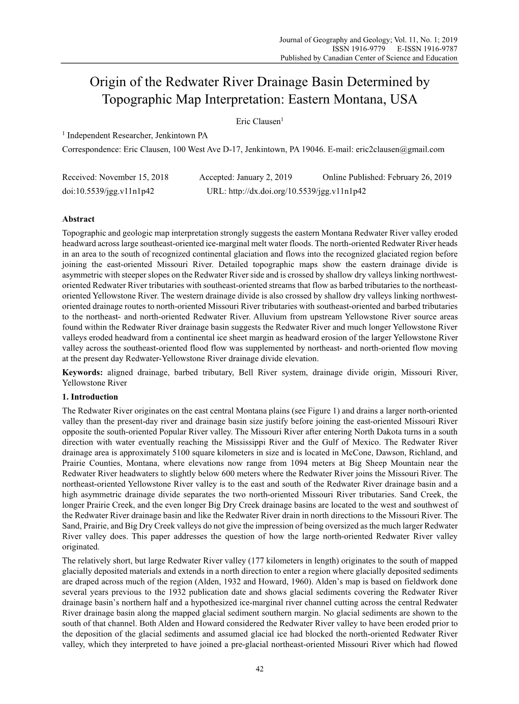 Origin of the Redwater River Drainage Basin Determined by Topographic Map Interpretation: Eastern Montana, USA