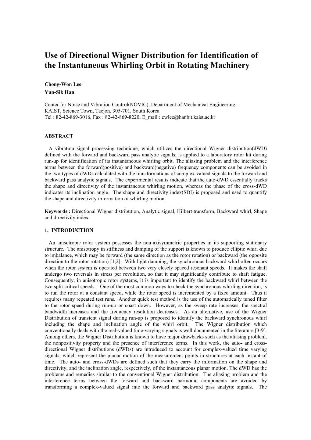 Use of Directional Wigner Distribution for Identification of the Instantaneous Whirling Orbit in Rotating Machinery