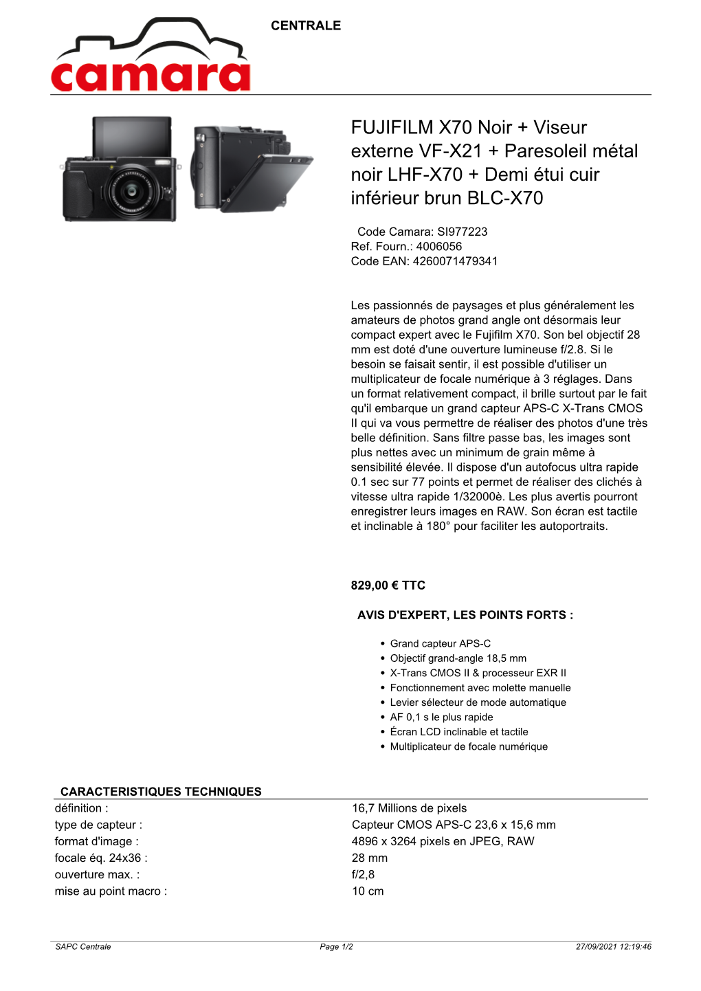 Fiche Article FUJIFILM X70 Noir + Viseur Externe VF-X21 + Paresoleil