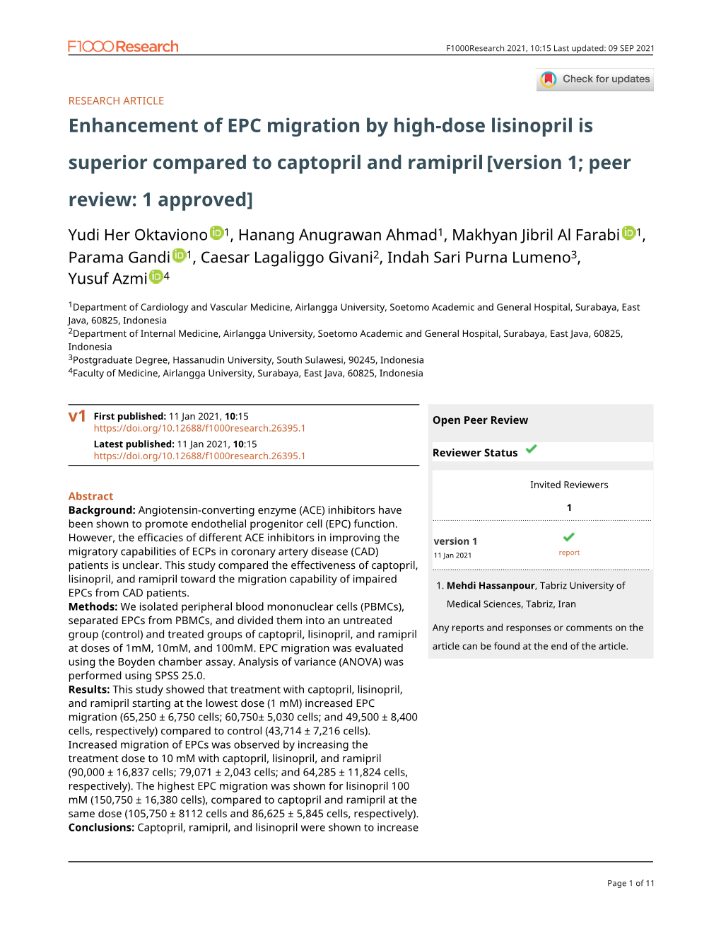 Enhancement of EPC Migration by High-Dose Lisinopril Is Superior Compared to Captopril and Ramipril [Version 1; Peer Review: 1 Approved]