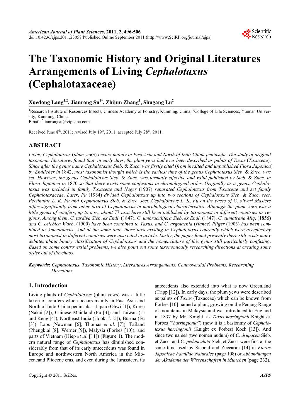 The Taxonomic History and Original Literatures Arrangements of Living Cephalotaxus (Cephalotaxaceae)