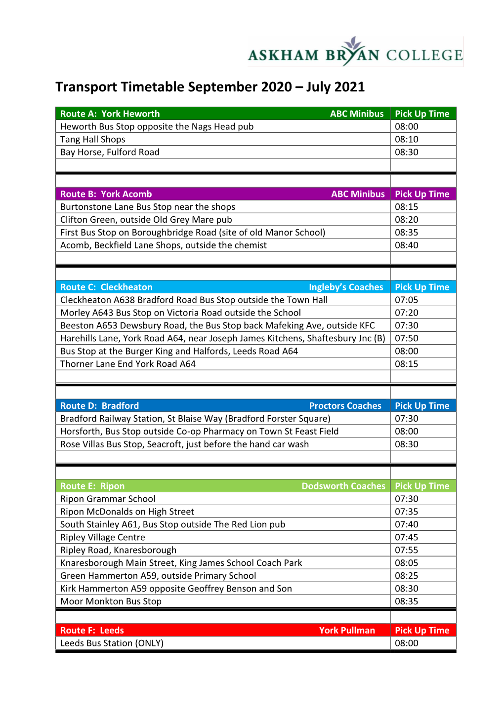 Transport Timetable September 2020 – July 2021