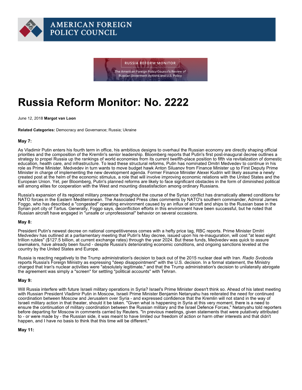 Russia Reform Monitor: No. 2222 | American Foreign Policy Council