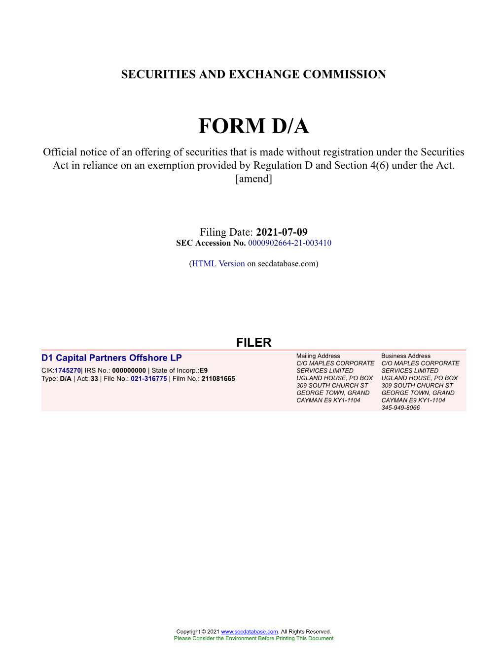 D1 Capital Partners Offshore LP Form D/A Filed 2021-07-09