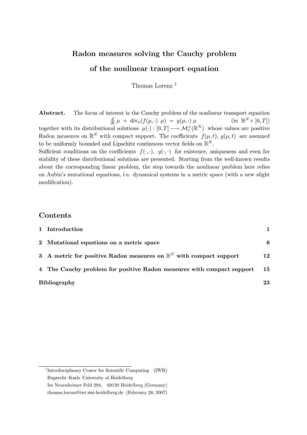 Radon Measures Solving the Cauchy Problem of the Nonlinear Transport Equation Contents