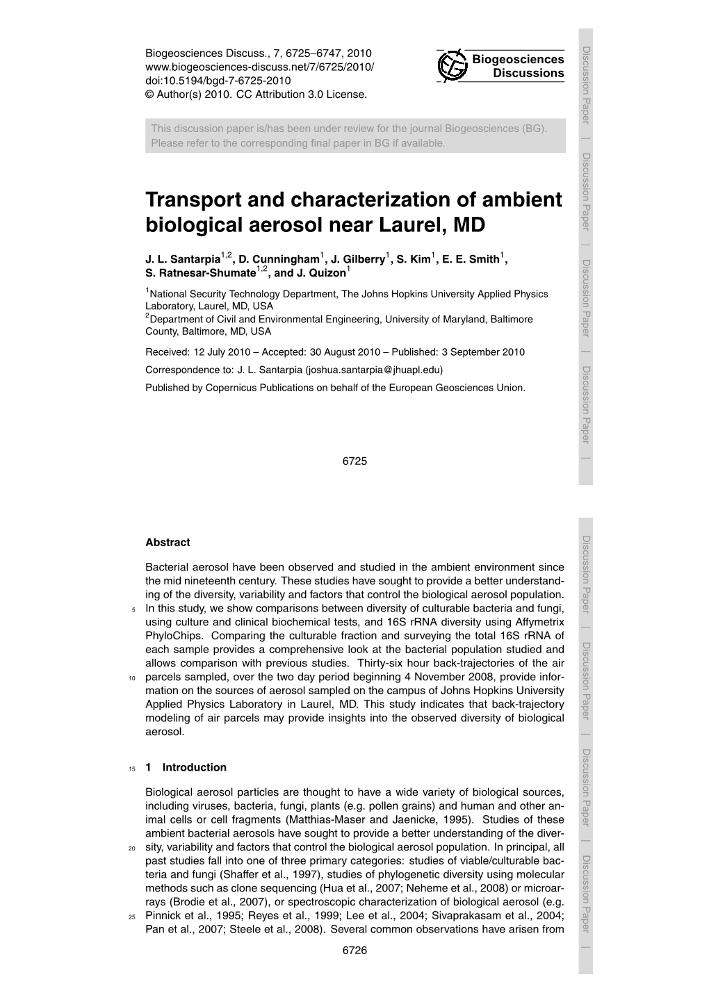 Transport and Characterization of Ambient Biological Aerosol Near Laurel, MD J