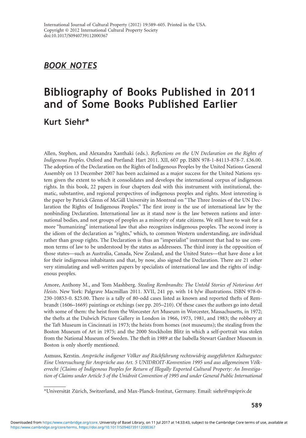 Bibliography of Books Published in 2011 and of Some Books Published Earlier Kurt Siehr*