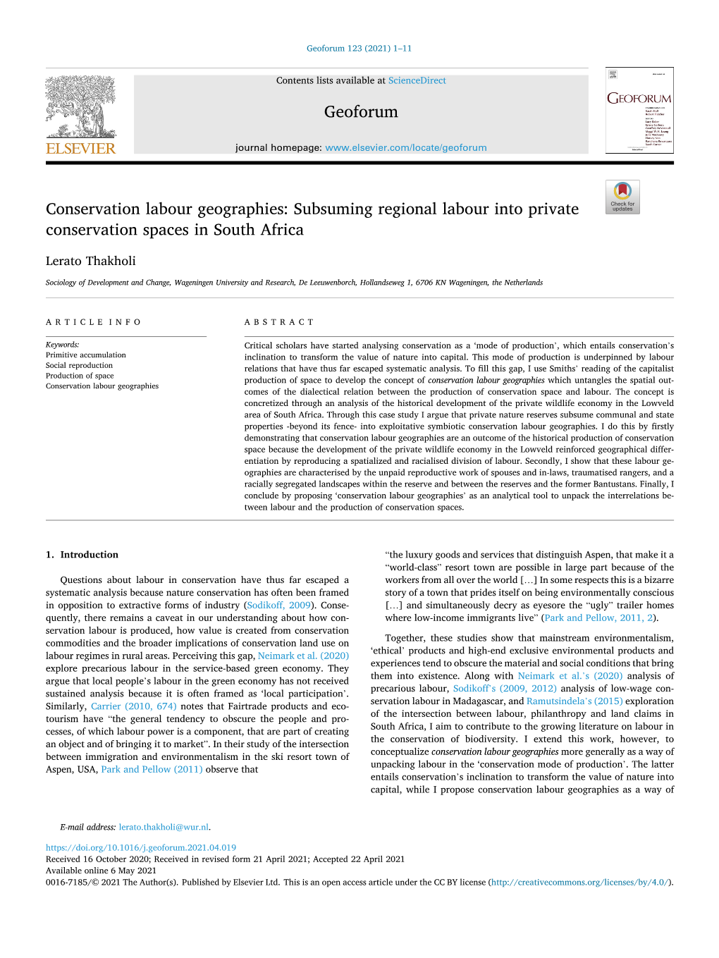 Conservation Labour Geographies: Subsuming Regional Labour Into Private Conservation Spaces in South Africa