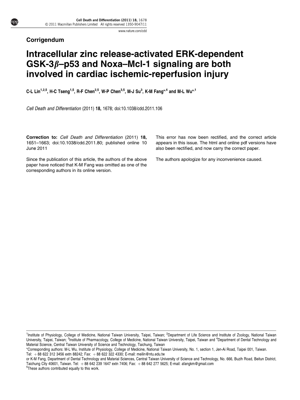 Intracellular Zinc Release-Activated ERK-Dependent GSK-3Β–P53 and Noxa–Mcl-1 Signaling Are Both Involved in Cardiac Ischemi