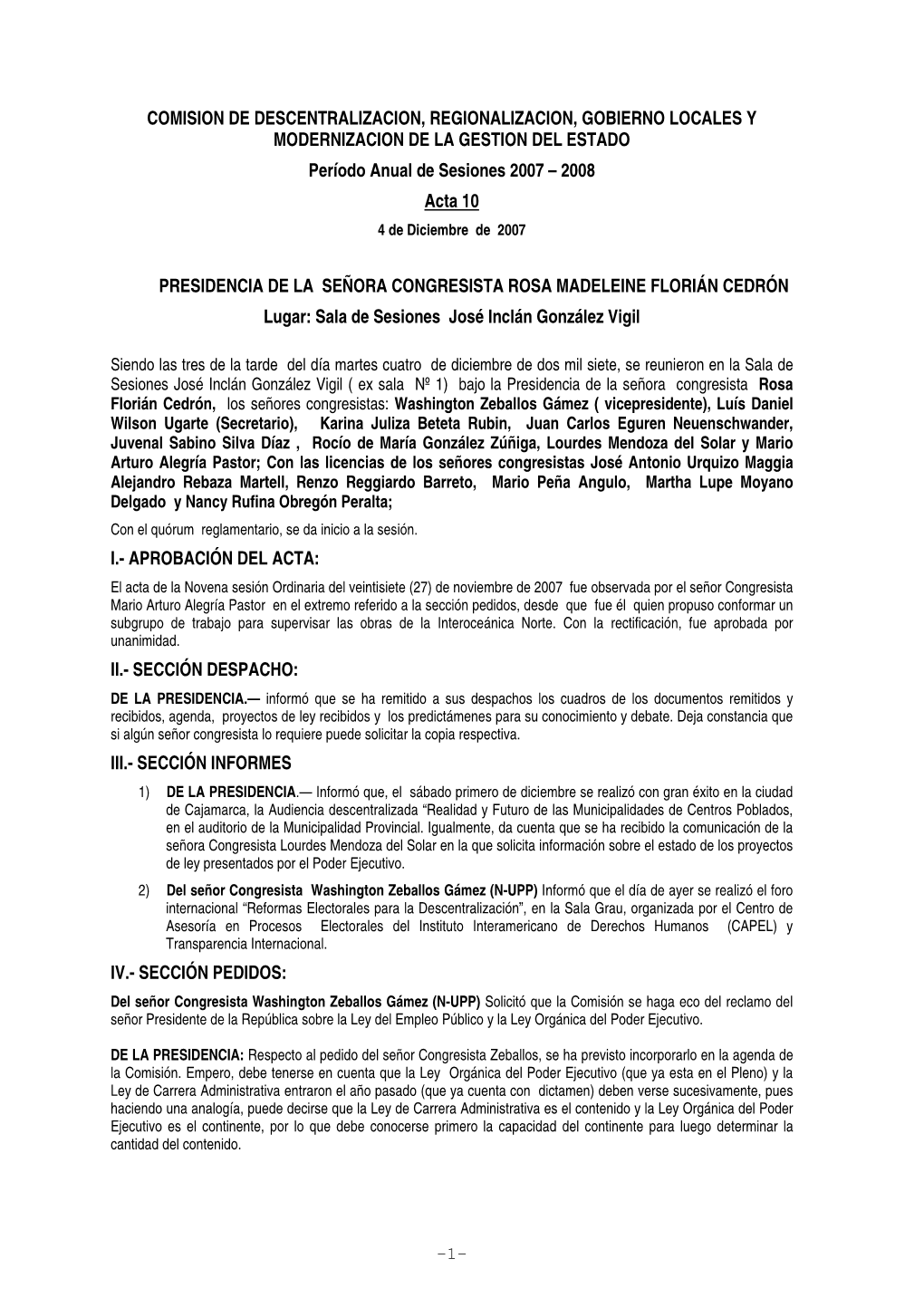 COMISION DE DESCENTRALIZACION, REGIONALIZACION, GOBIERNO LOCALES Y MODERNIZACION DE LA GESTION DEL ESTADO Período Anual De