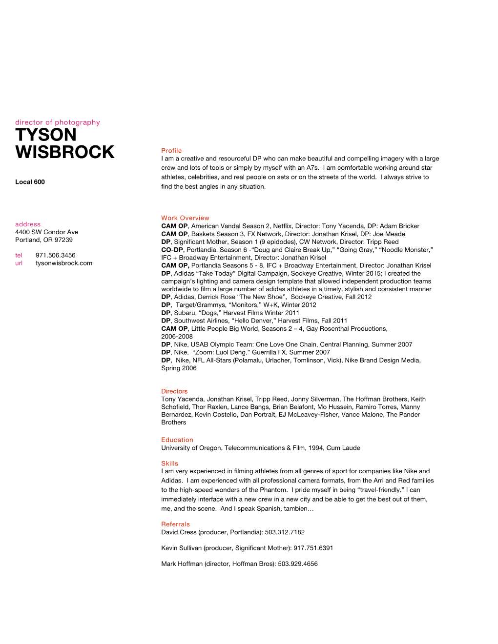 Tyson Wisbrock Resume 2018