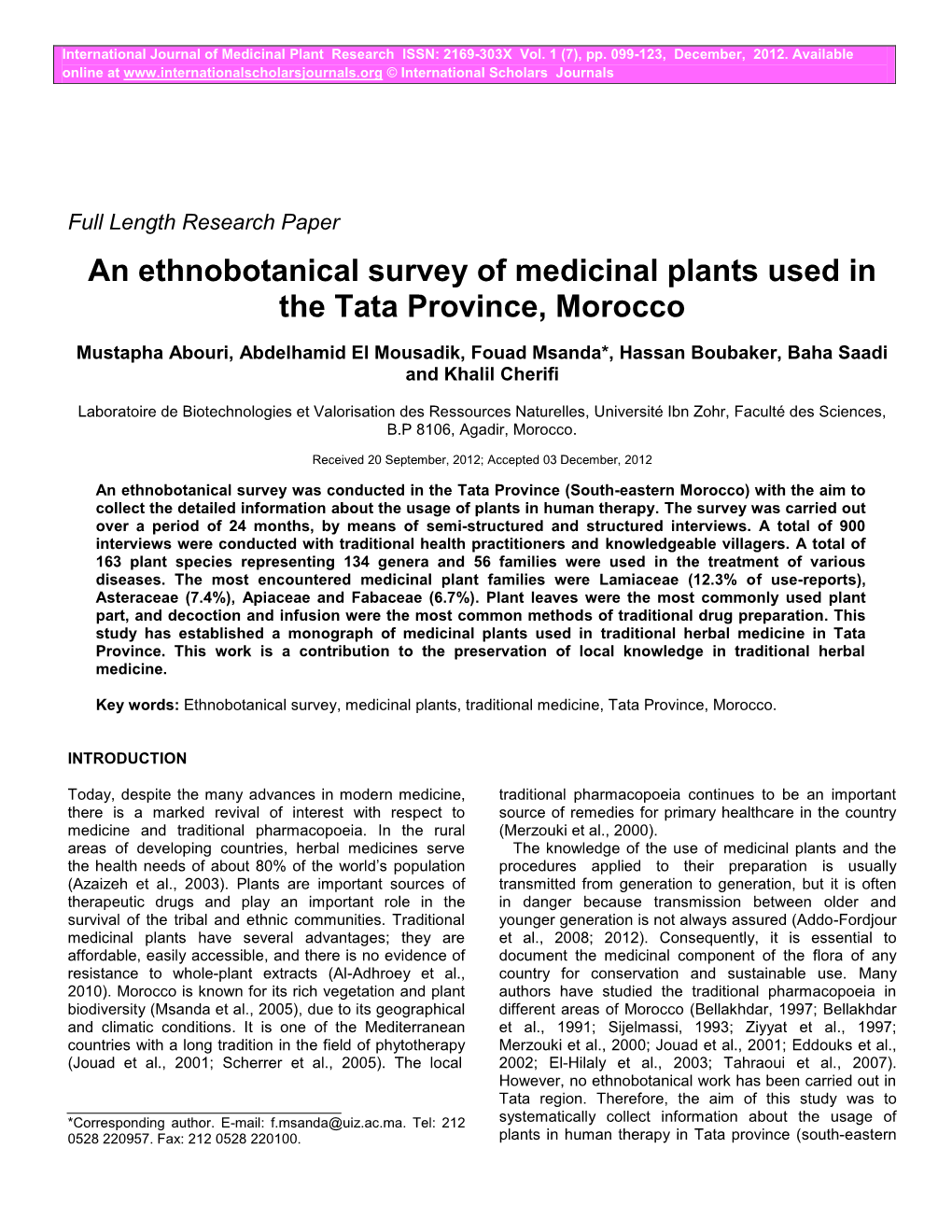 An Ethnobotanical Survey of Medicinal Plants Used in the Tata Province, Morocco