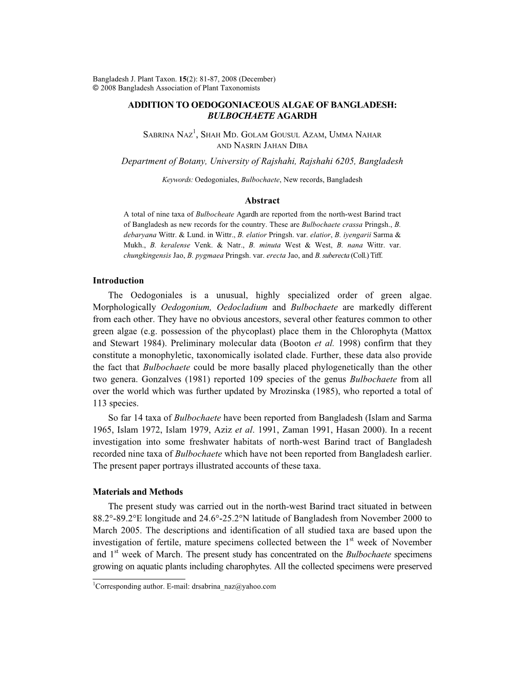 Addition to Oedogoniaceous Algae of Bangladesh: Bulbochaete Agardh