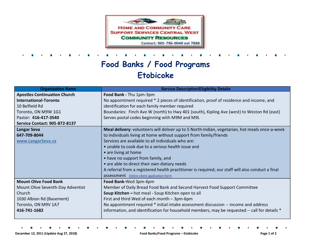 Food Banks / Food Programs Etobicoke