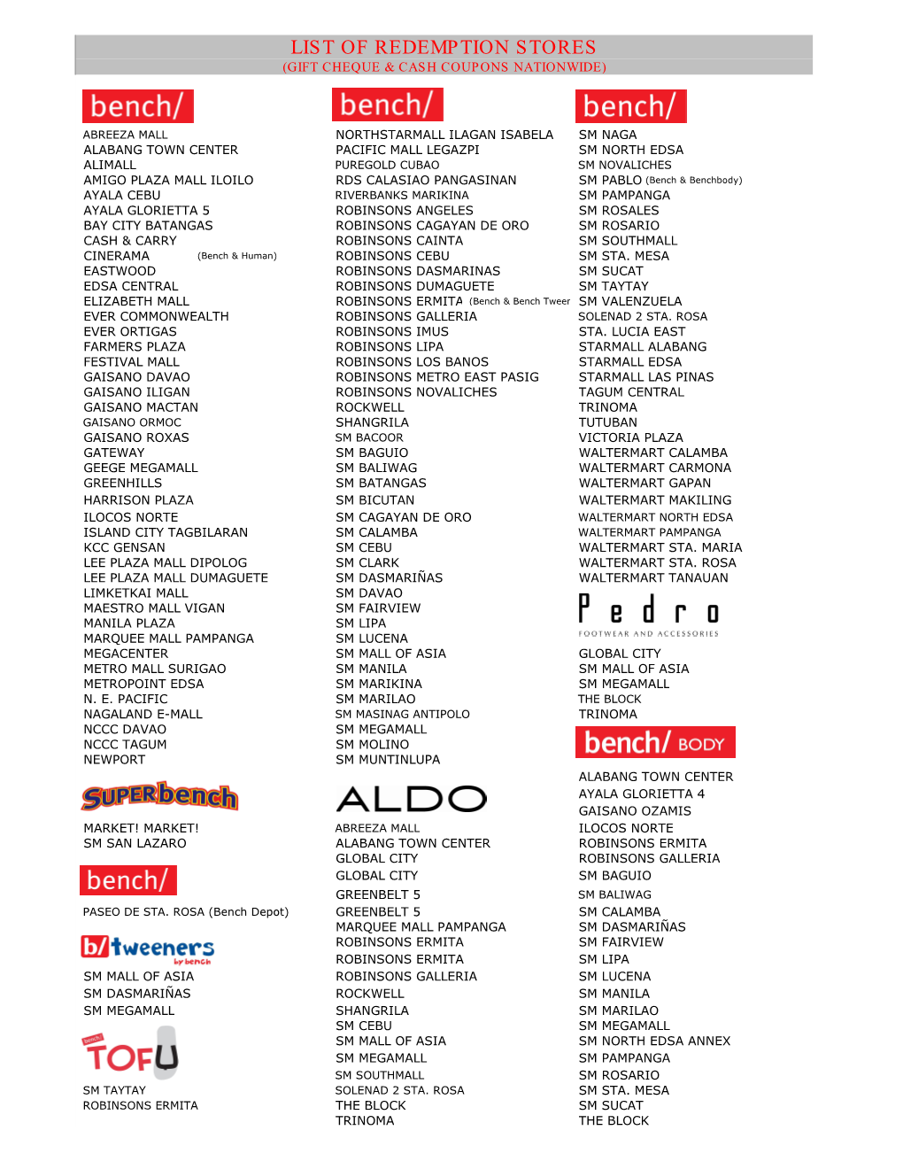 List of Redemption Stores (Gift Cheque & Cash Coupons Nationwide)