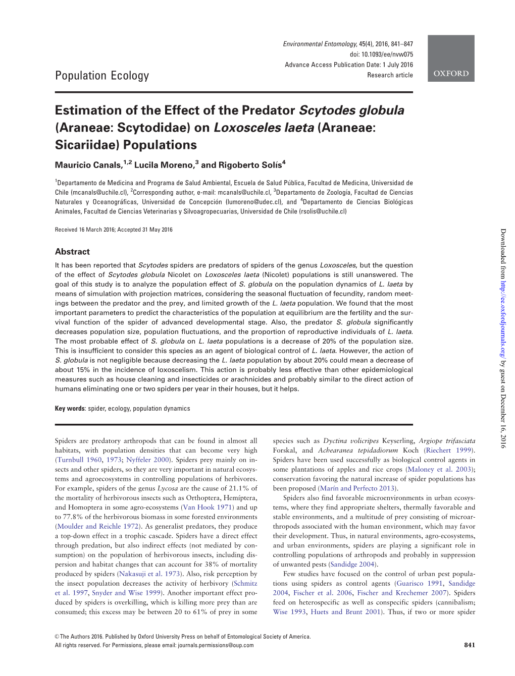 Estimation of the Effect of the Predator Scytodes Globula (Araneae: Scytodidae) on Loxosceles Laeta (Araneae: Sicariidae) Populations