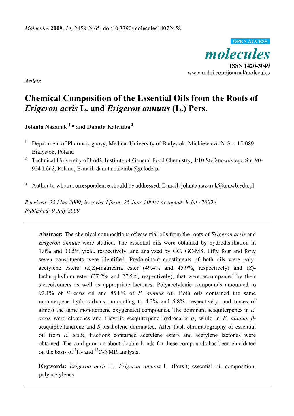 Chemical Composition of the Essential Oils from the Roots of Erigeron Acris L