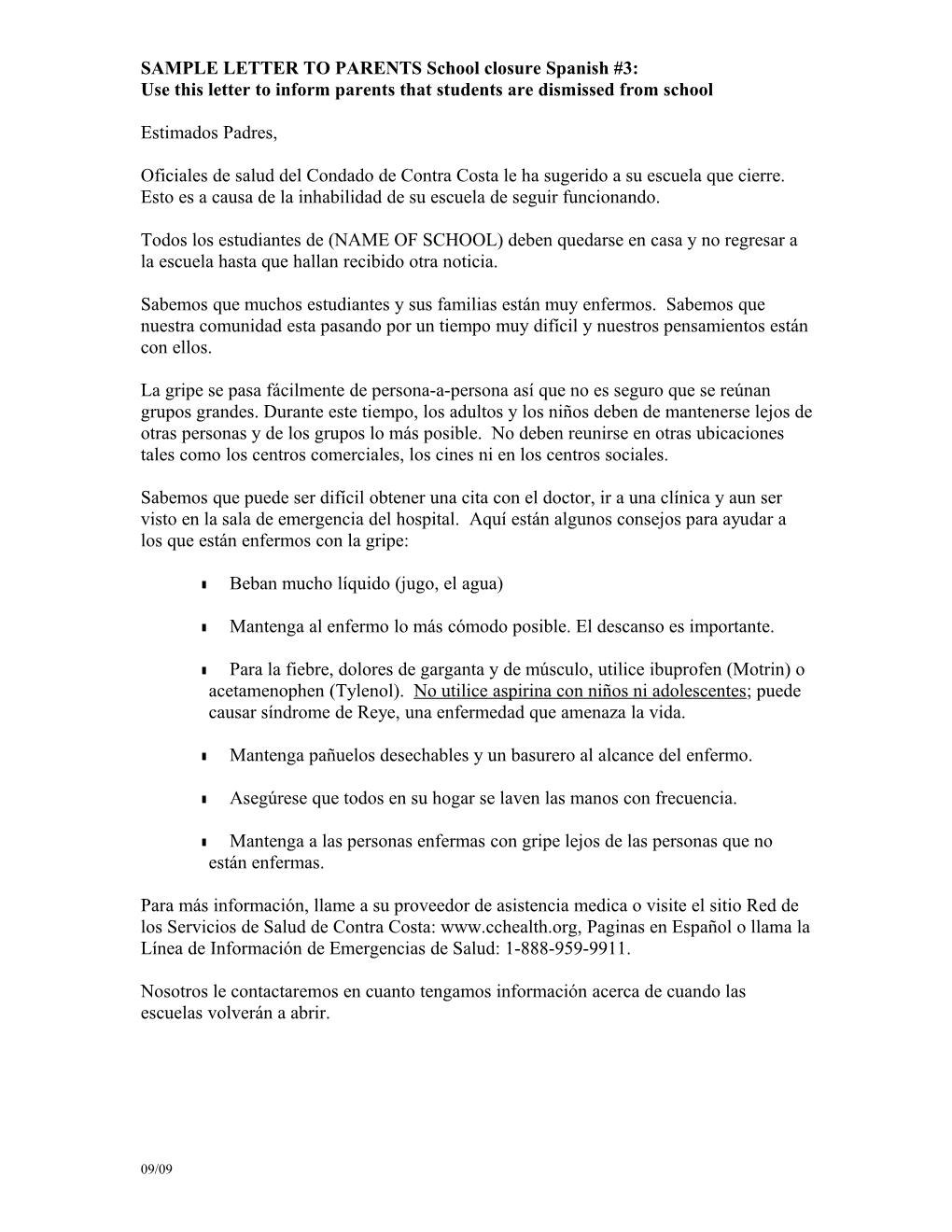 SAMPLE LETER to PARENTS School Closure Spanish #5