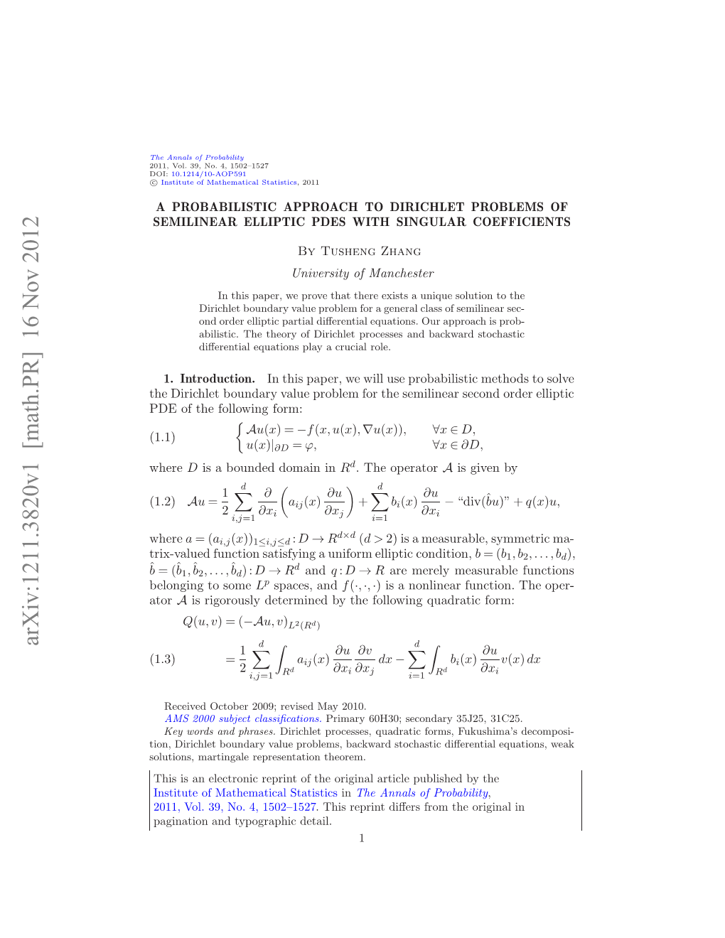 A Probabilistic Approach to Dirichlet Problems of Semilinear Elliptic