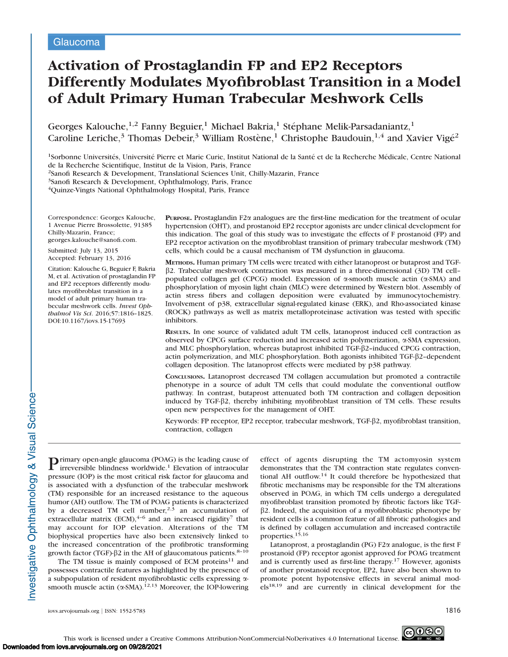 Activation of Prostaglandin FP and EP2 Receptors Differently Modulates Myoﬁbroblast Transition in a Model of Adult Primary Human Trabecular Meshwork Cells