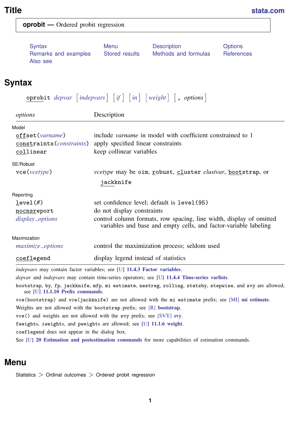 Oprobit — Ordered Probit Regression