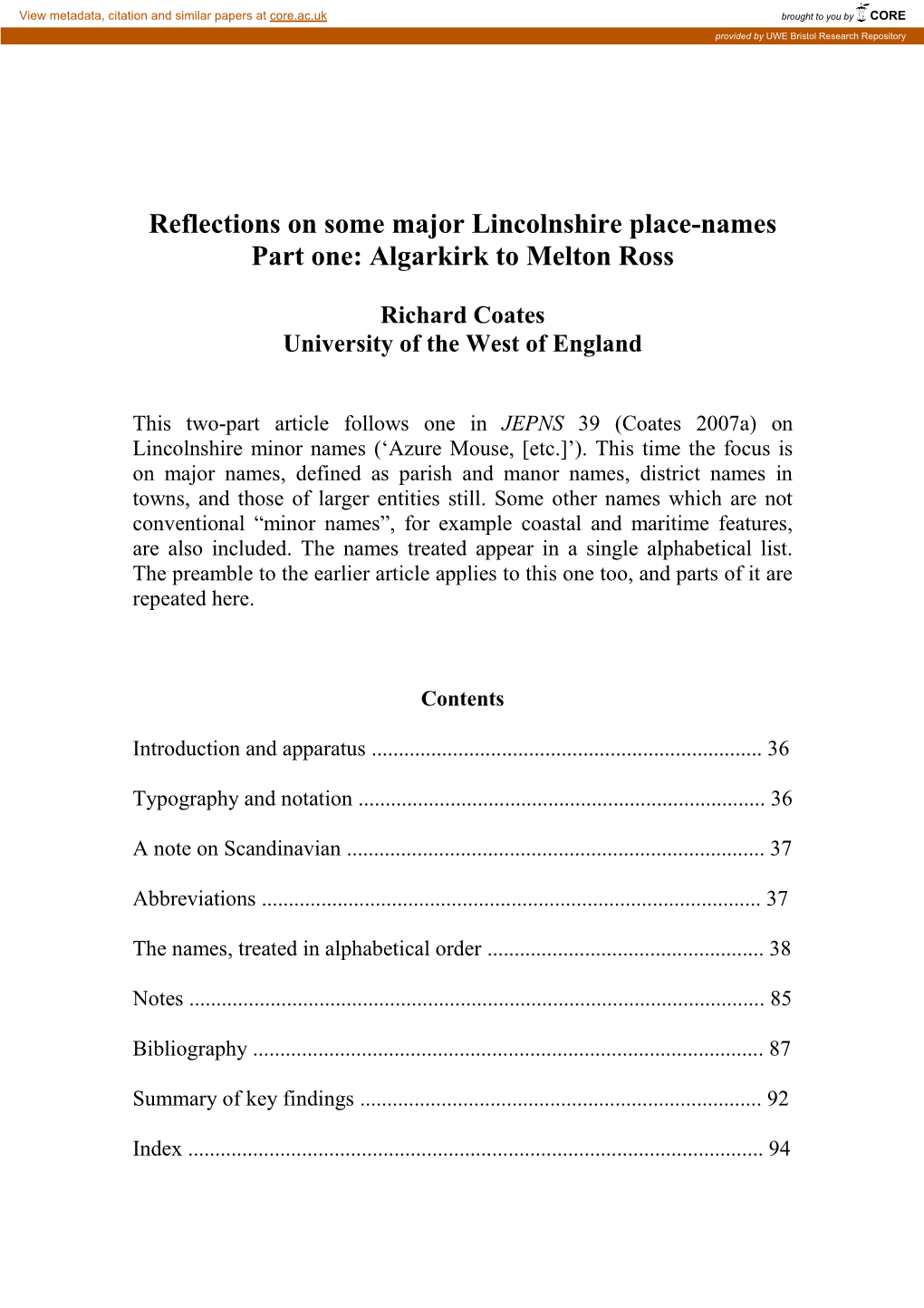 Reflections on Some Major Lincolnshire Place-Names Part One: Algarkirk to Melton Ross