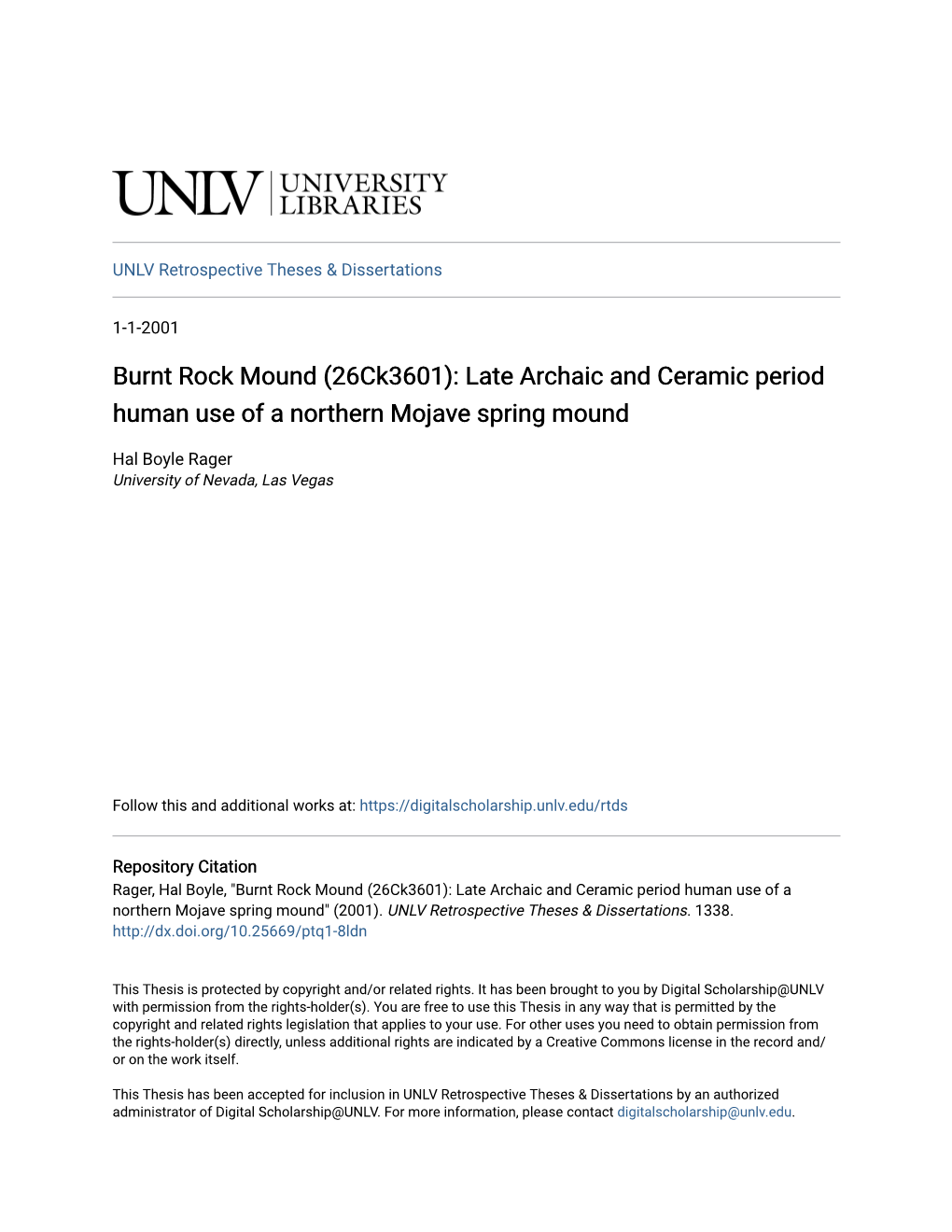 Late Archaic and Ceramic Period Human Use of a Northern Mojave Spring Mound