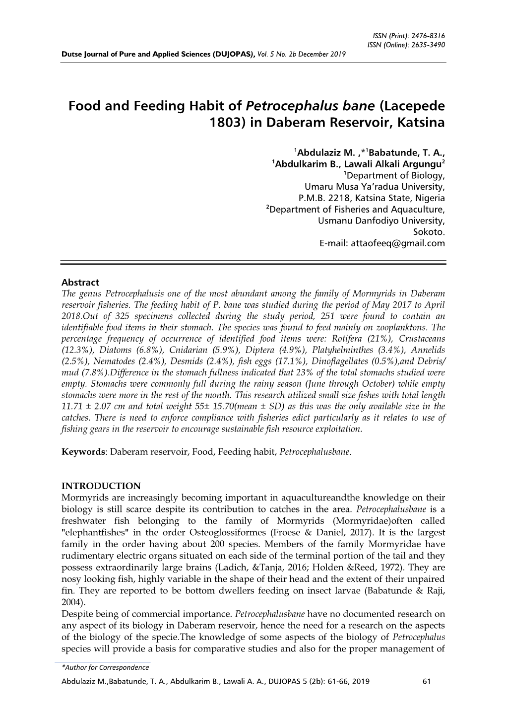 Food and Feeding Habit of Petrocephalus Bane (Lacepede 1803) in Daberam Reservoir, Katsina