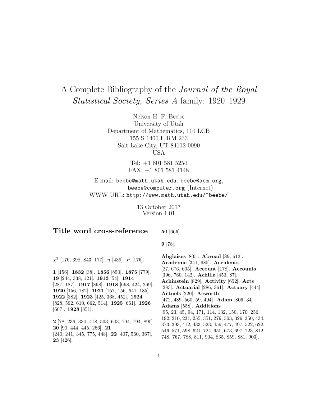A Complete Bibliography of the Journal of the Royal Statistical Society, Series a Family: 1920–1929