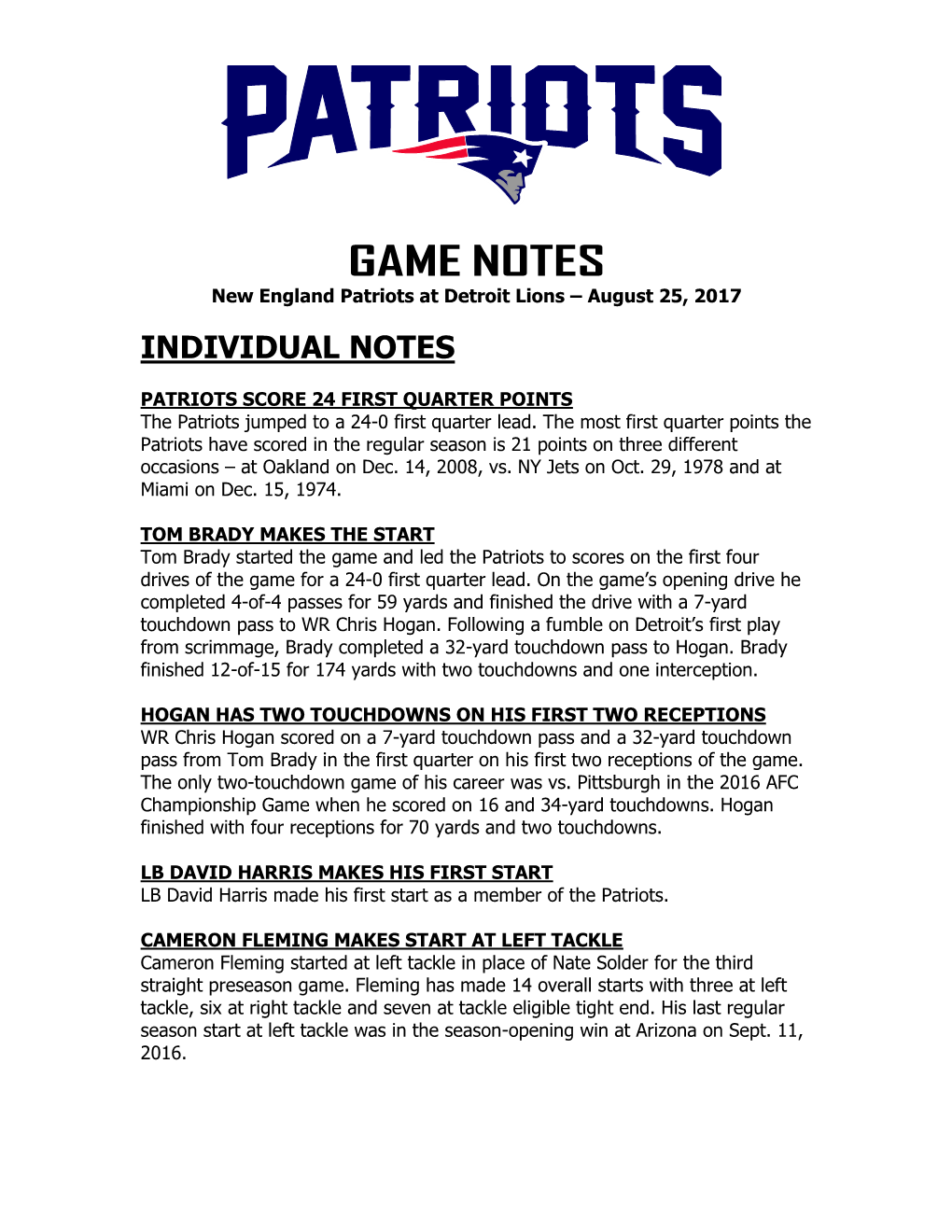 GAME NOTES New England Patriots at Detroit Lions – August 25, 2017