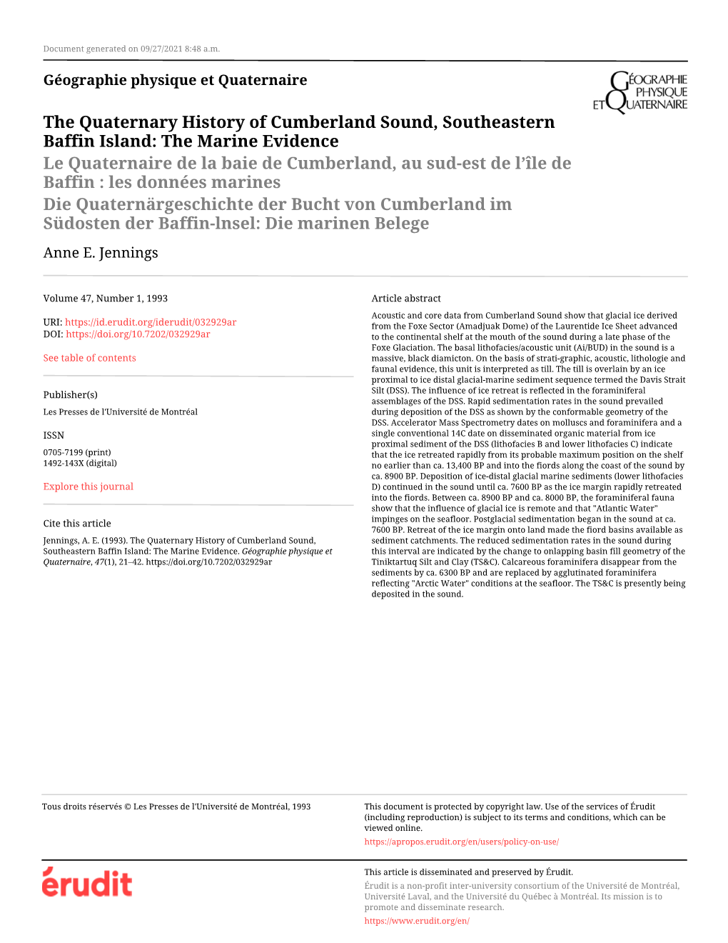 The Quaternary History of Cumberland Sound, Southeastern Baffin Island