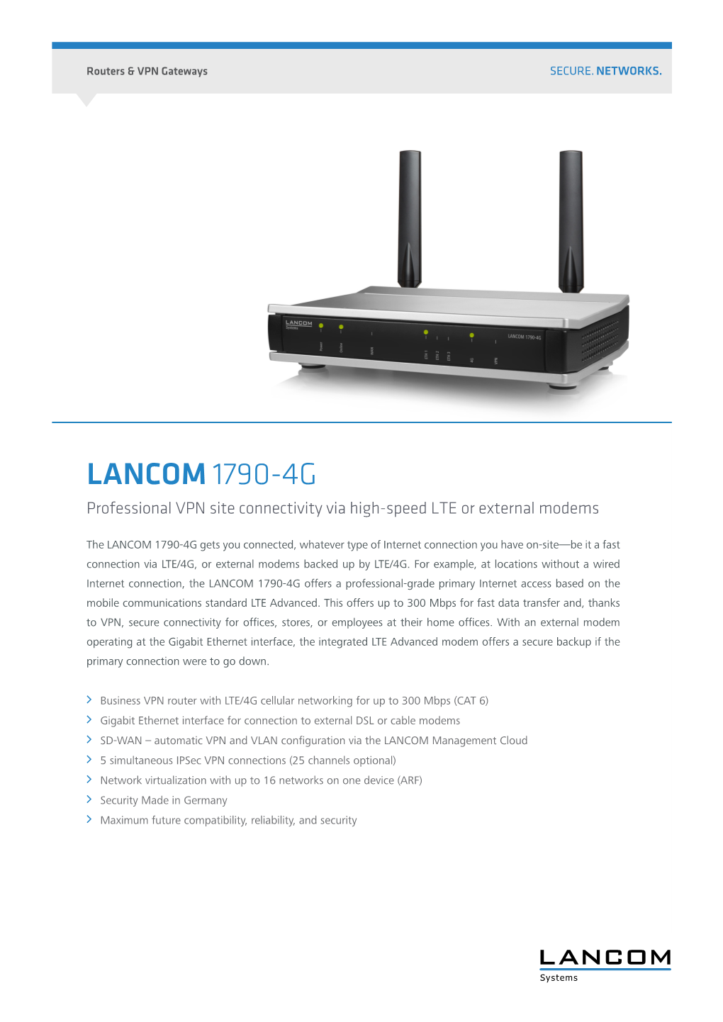 LANCOM 1790-4G Professional VPN Site Connectivity Via High-Speed LTE Or External Modems